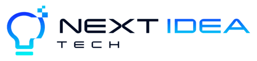 Next Idea Tech Logo has a bright lamp in the left that resembles an idea, following the name of the company in the right