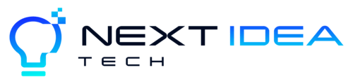 Next Idea Tech Logo has a bright lamp in the left that resembles an idea, following the name of the company in the right